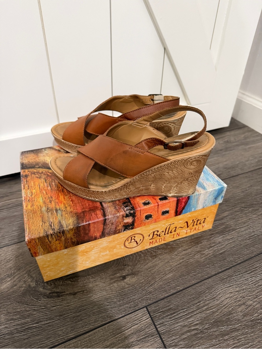 Bella Vita Brown Leather Slingback Wedge Sandals